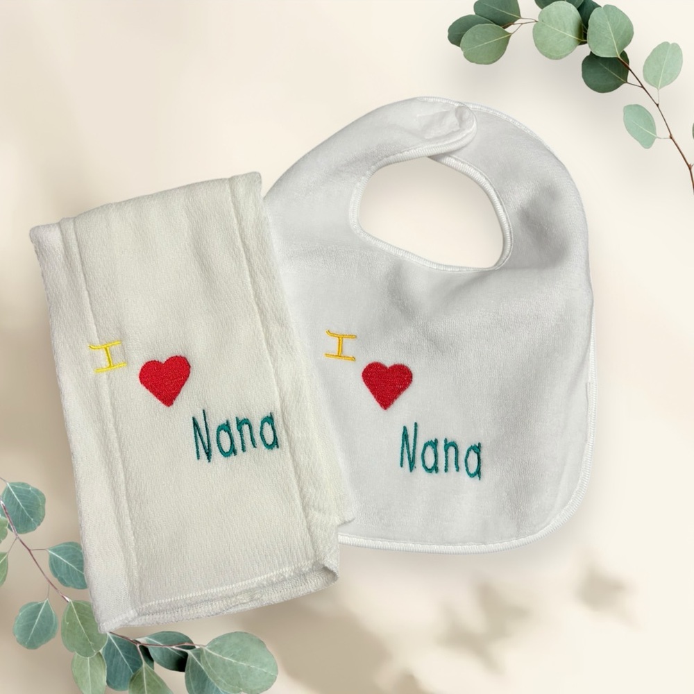 Handmade I Heart Nana Bib and Burp Cloth set